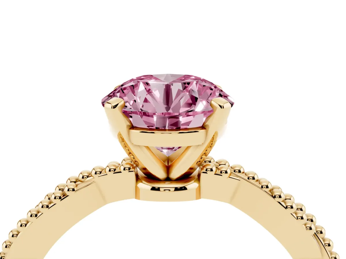 Fancy Pink Round Cut Solitaire Twisted Band with Bead Prong Setting Yellow gold