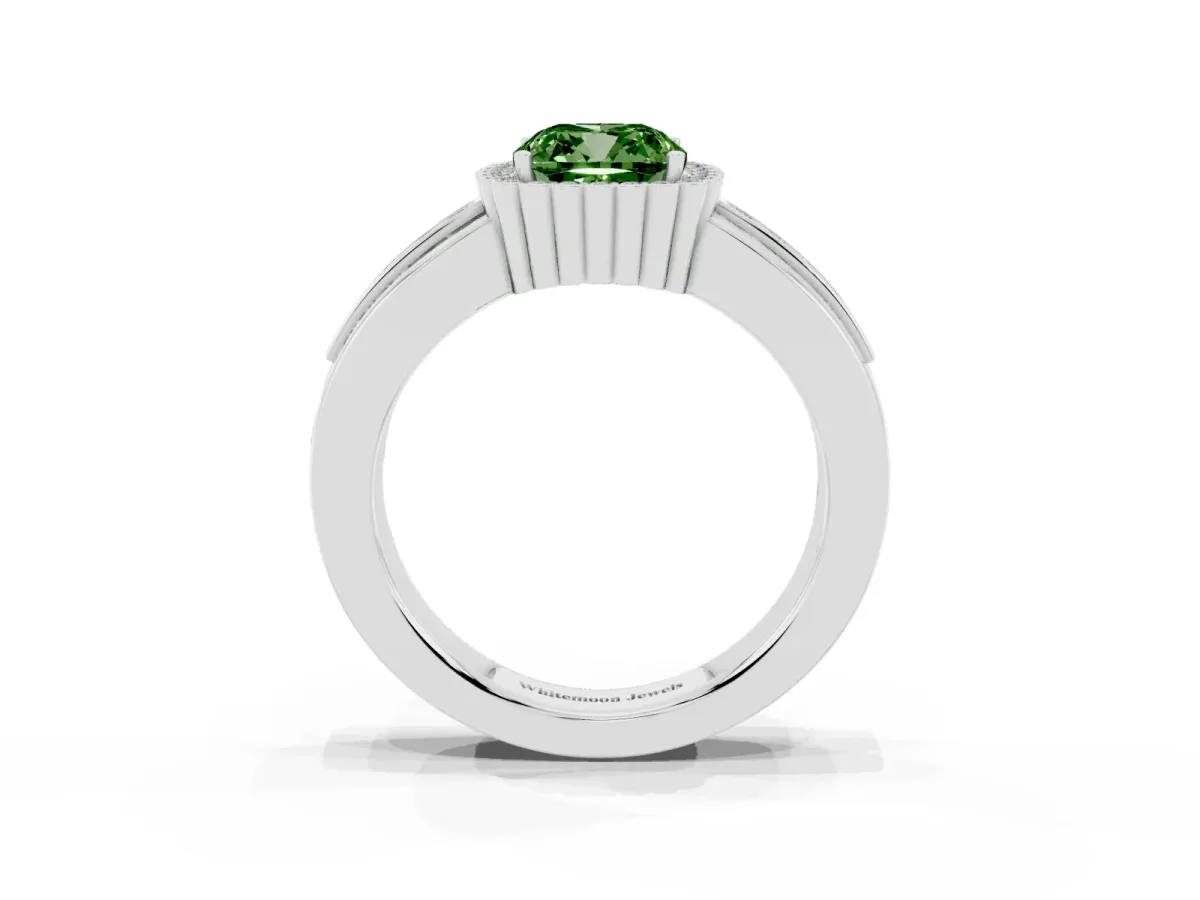 Fancy Green Cushion Cut Cut Halo Pave Band Four-Prong Ring Silver