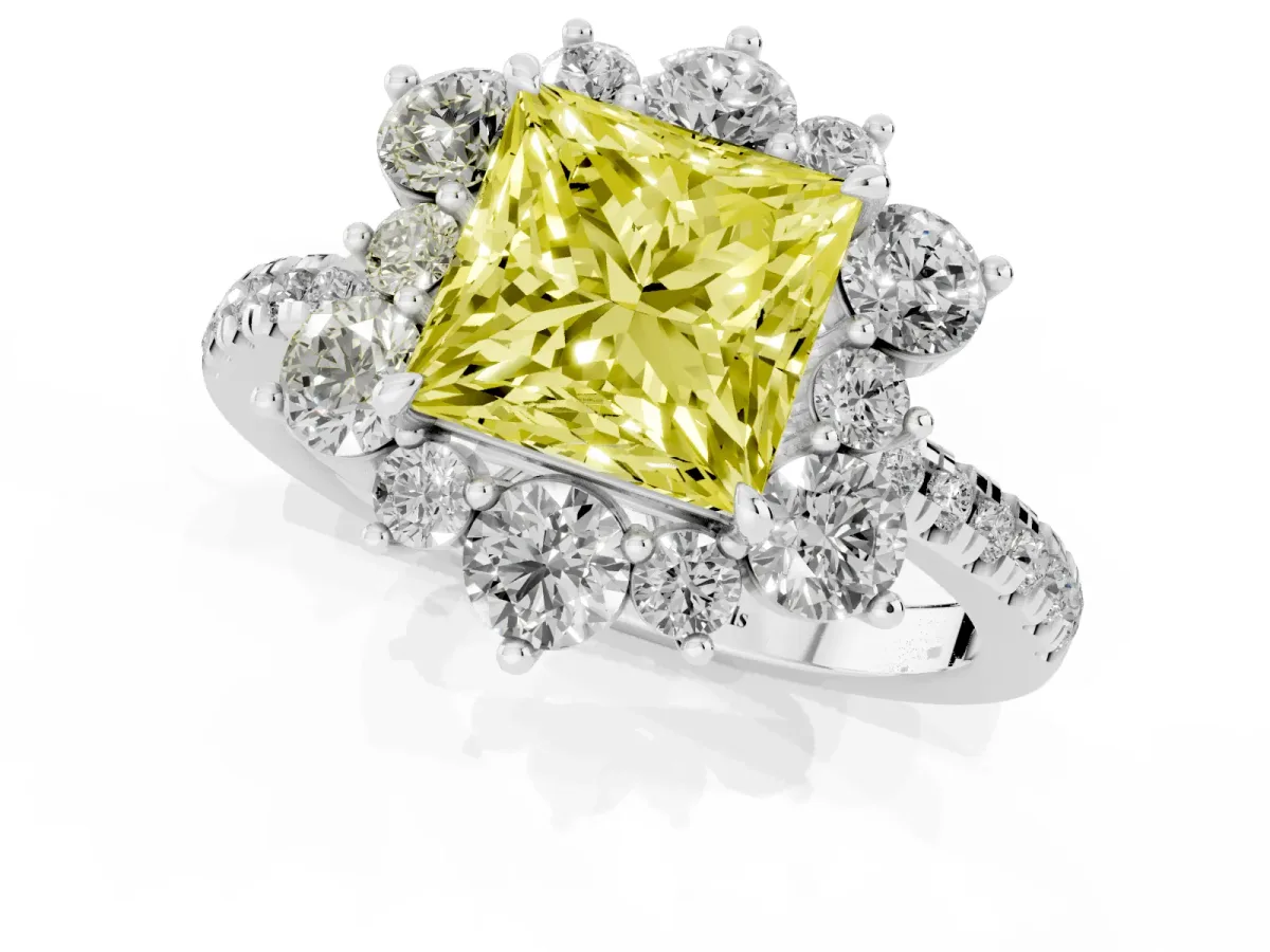 Fancy Yellow Princess Cut Diamond Floral Halo Ring with Round Pavé Band and Prong Setting Silver