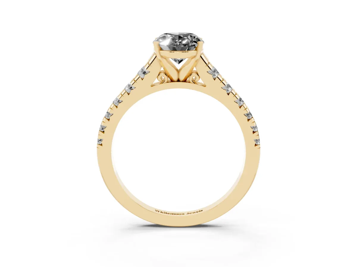 Fancy Black Oval Cut Diamond Cathedral Solitaire Ring with Round Pavé Band Yellow gold