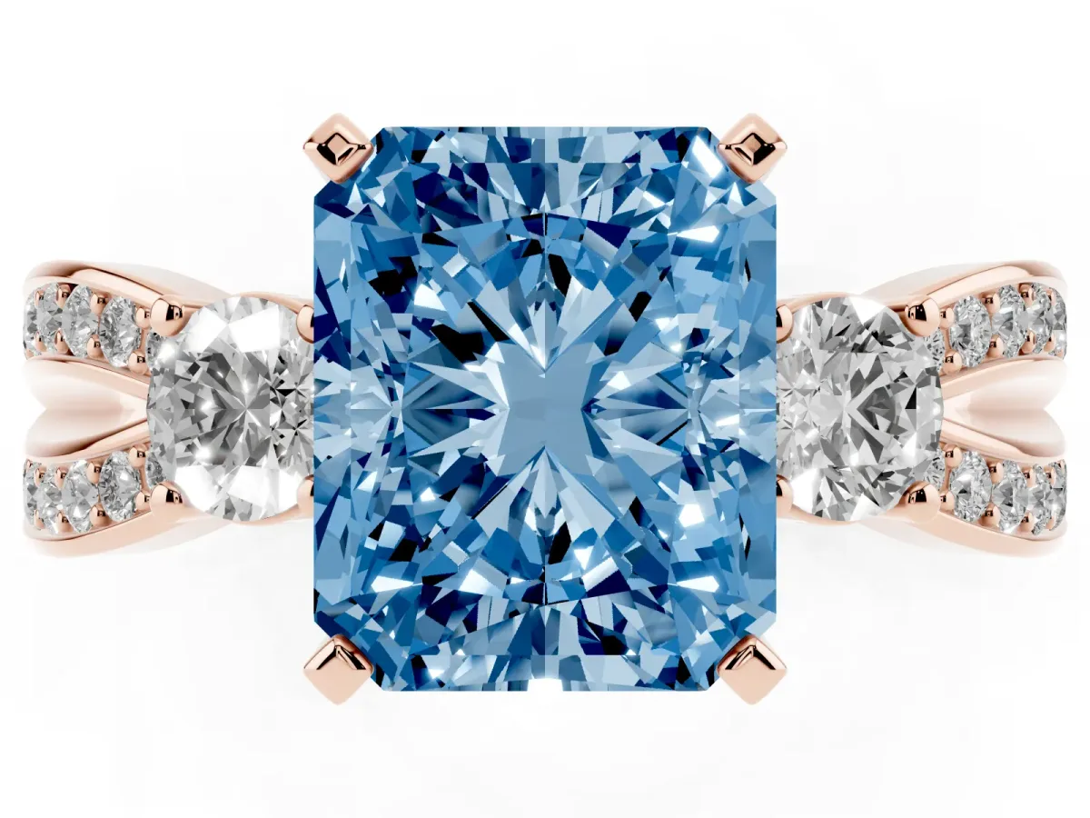 Fancy Blue Three-Stone Radiant Cut Cut Diamond Twist Band with Prong Setting Rose gold