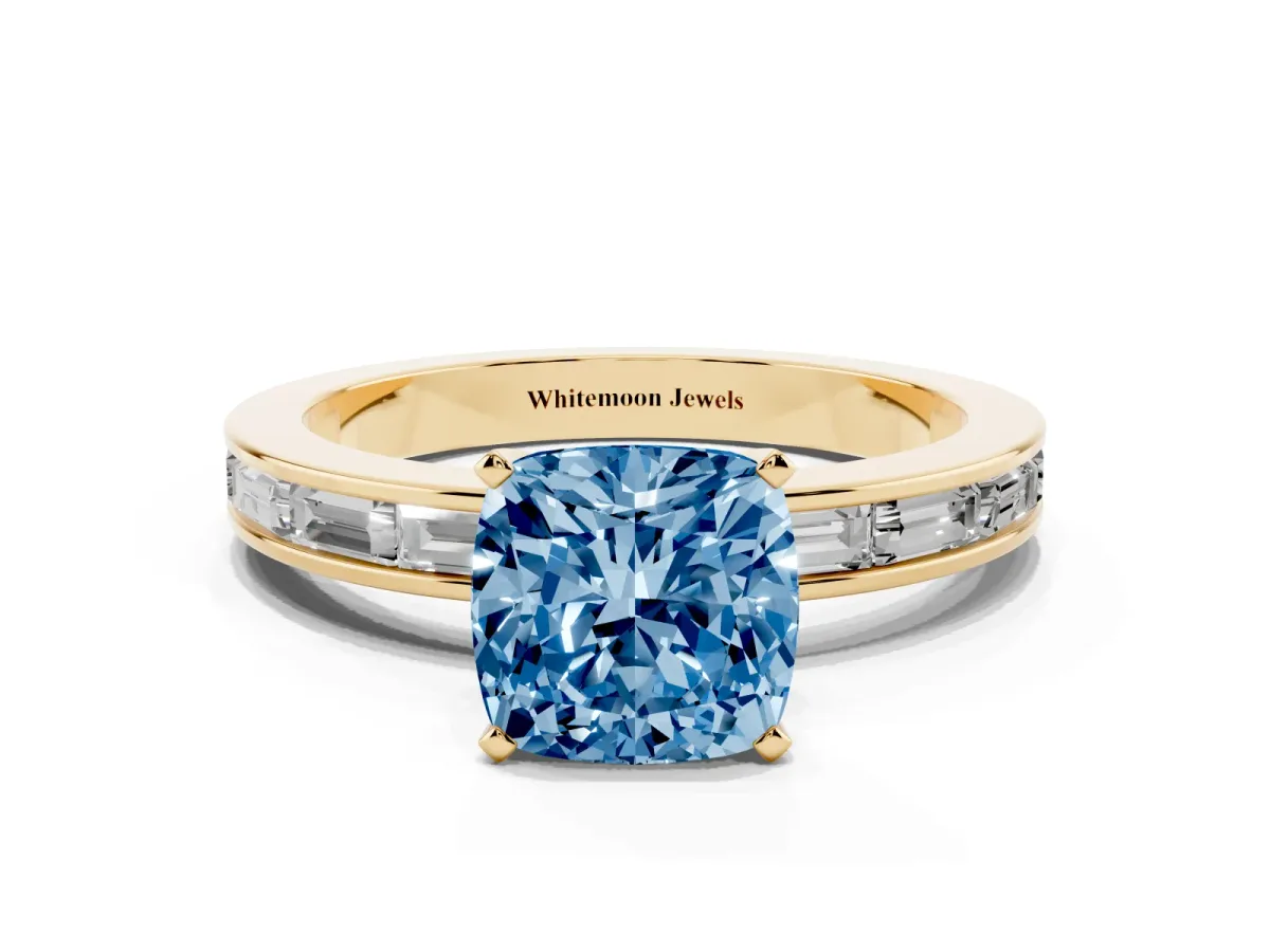 Fancy Blue Cushion Cut Solitaire Diamond Ring with Channel-Set Baguette Band and Four-Prong Setting Yellow gold