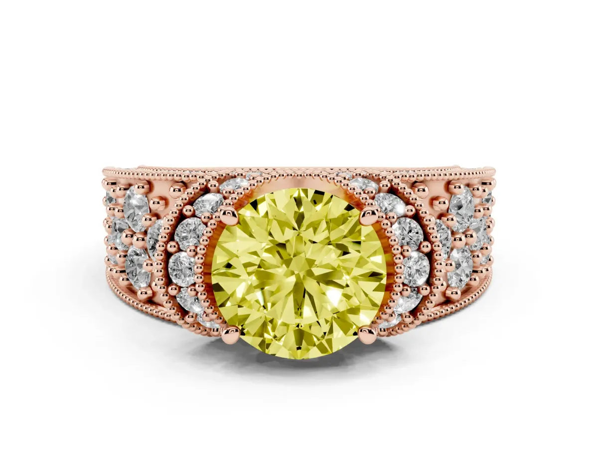 Fancy Yellow Round Cut Halo Pave Diamond Engagement Ring with Milgrain Detailing Rose gold