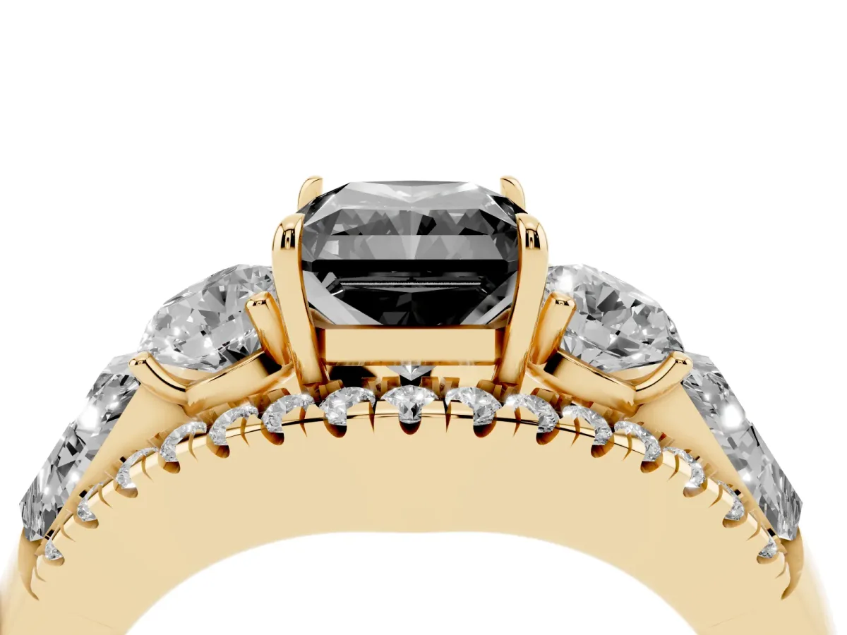 Fancy Black Three-Stone Radiant Cut Diamond Engagement Ring with Pave Band and Prong Setting Yellow gold