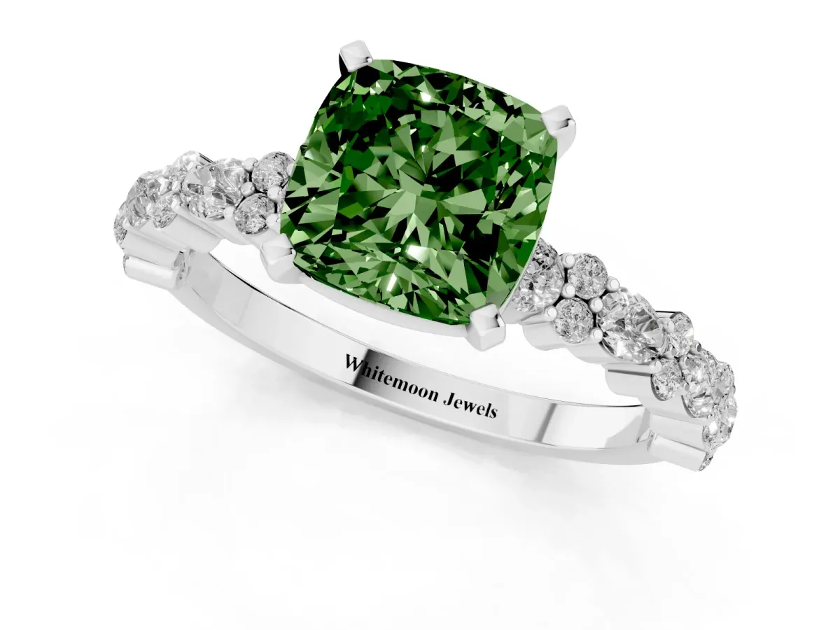 Fancy Green Cushion Cut Diamond Side Stone Solitaire Ring with Round and Four-Prong Setting Silver