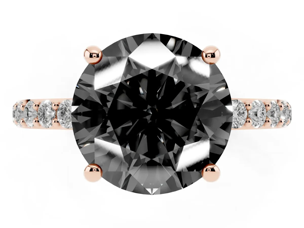 Fancy Black Round Cut Diamond Solitaire Ring with Round Pavé Band and Prong Setting Rose gold