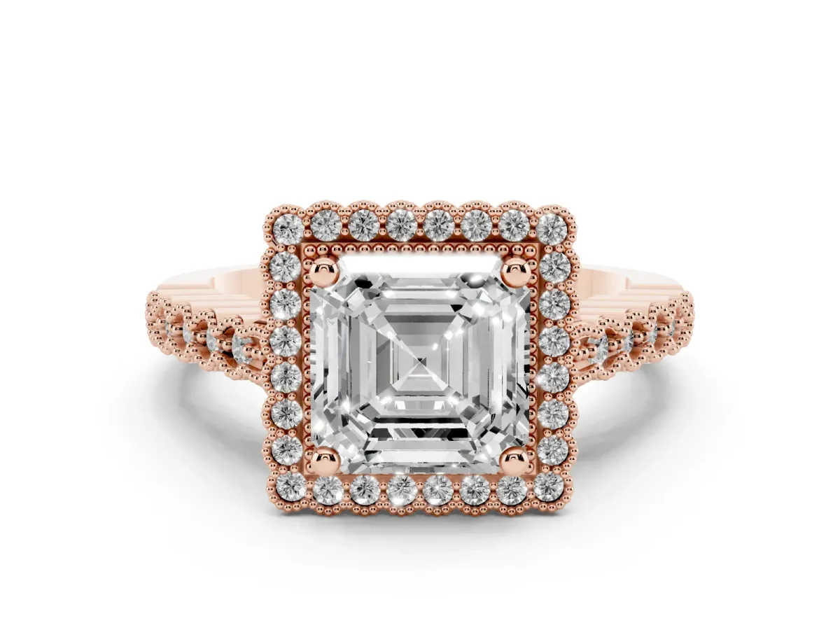Asscher Cut Cut Halo Pavé Solitaire Ring with Milgrain Band Rose gold