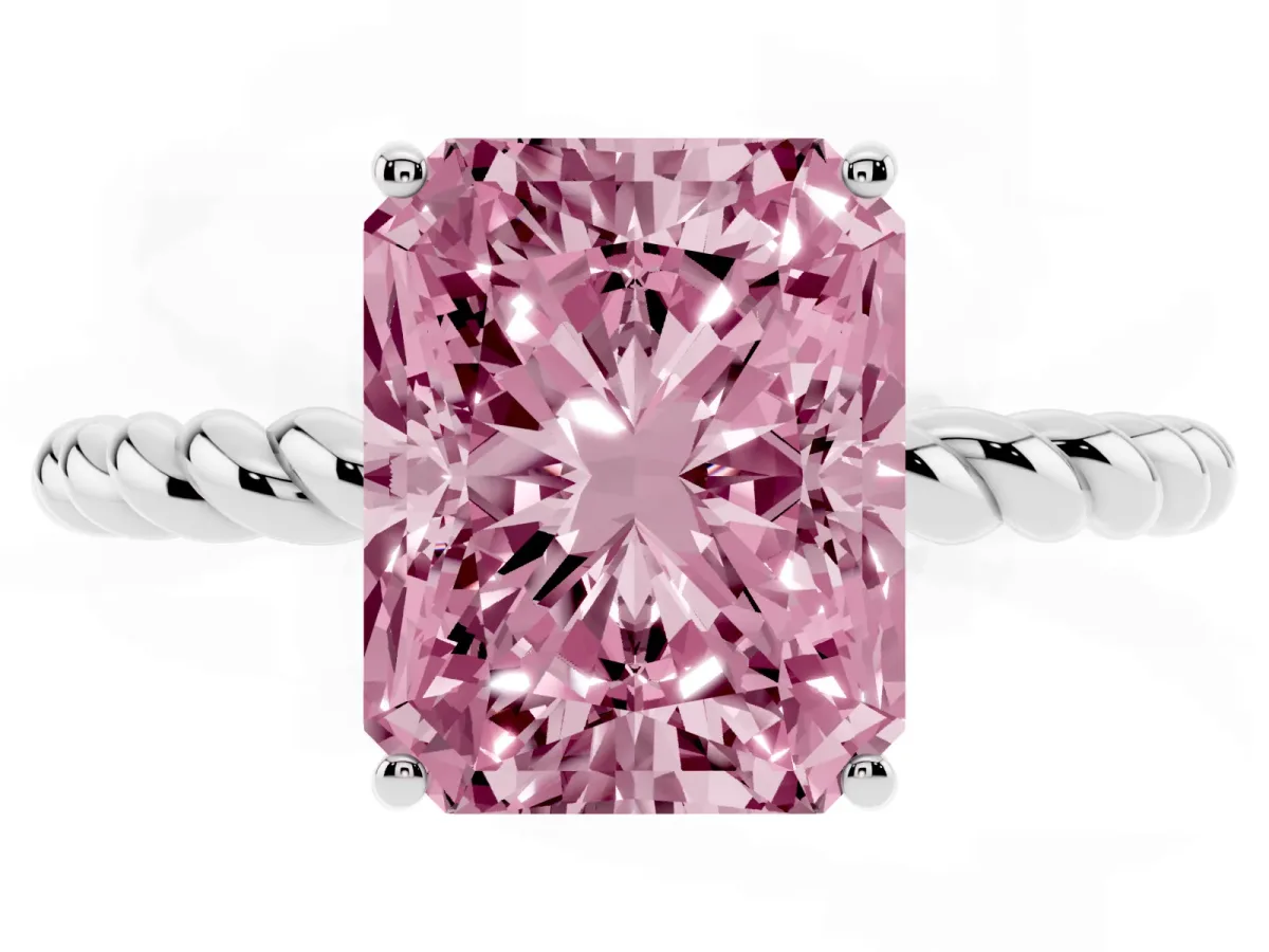 Fancy Pink Radiant Cut Solitaire Twist Band Ring with Four-Prong Setting Platinum