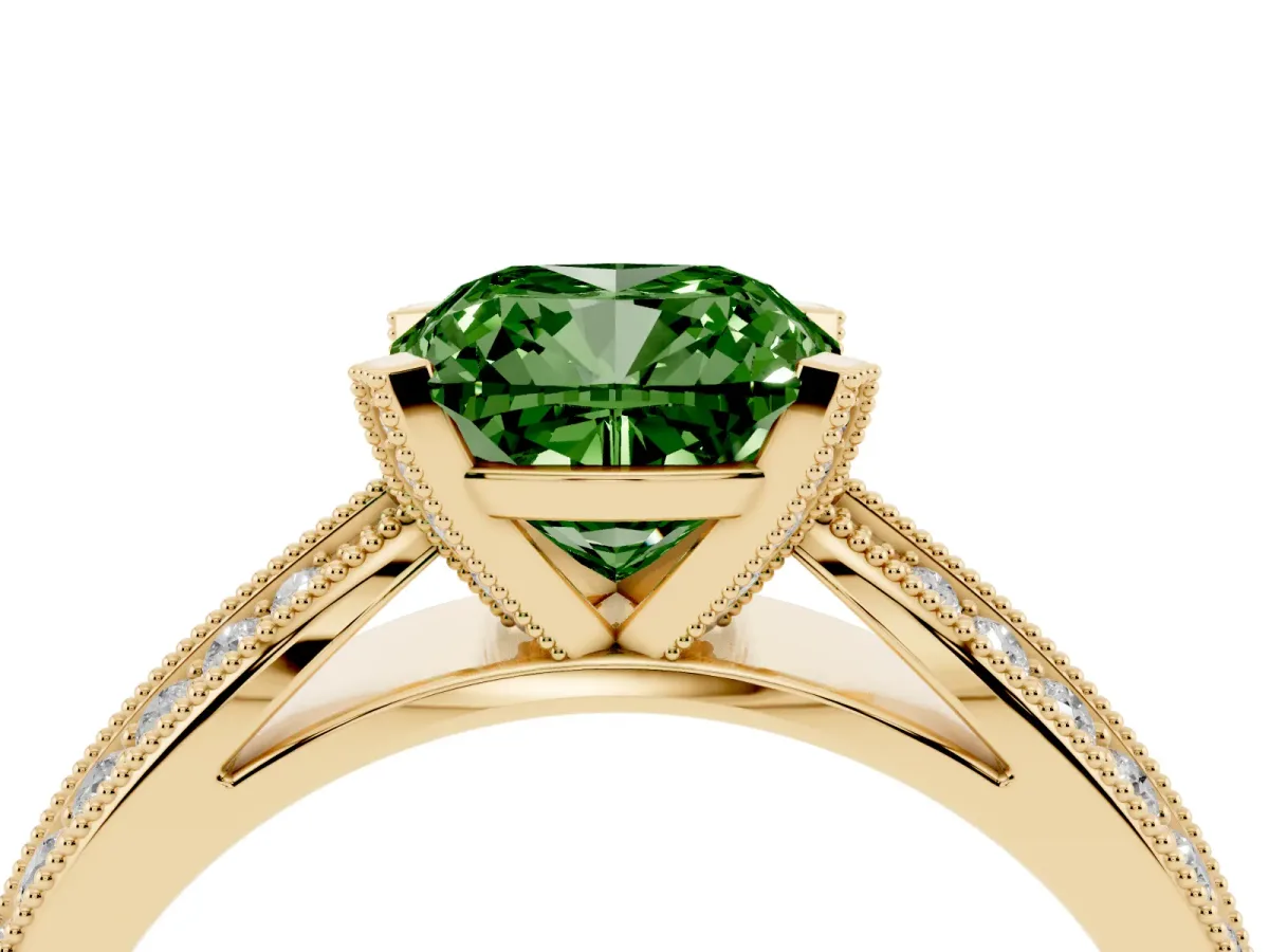 Fancy Green Cushion Cut Diamond Solitaire Ring with Milgrain Round Pavé Band and Prong Setting Yellow gold