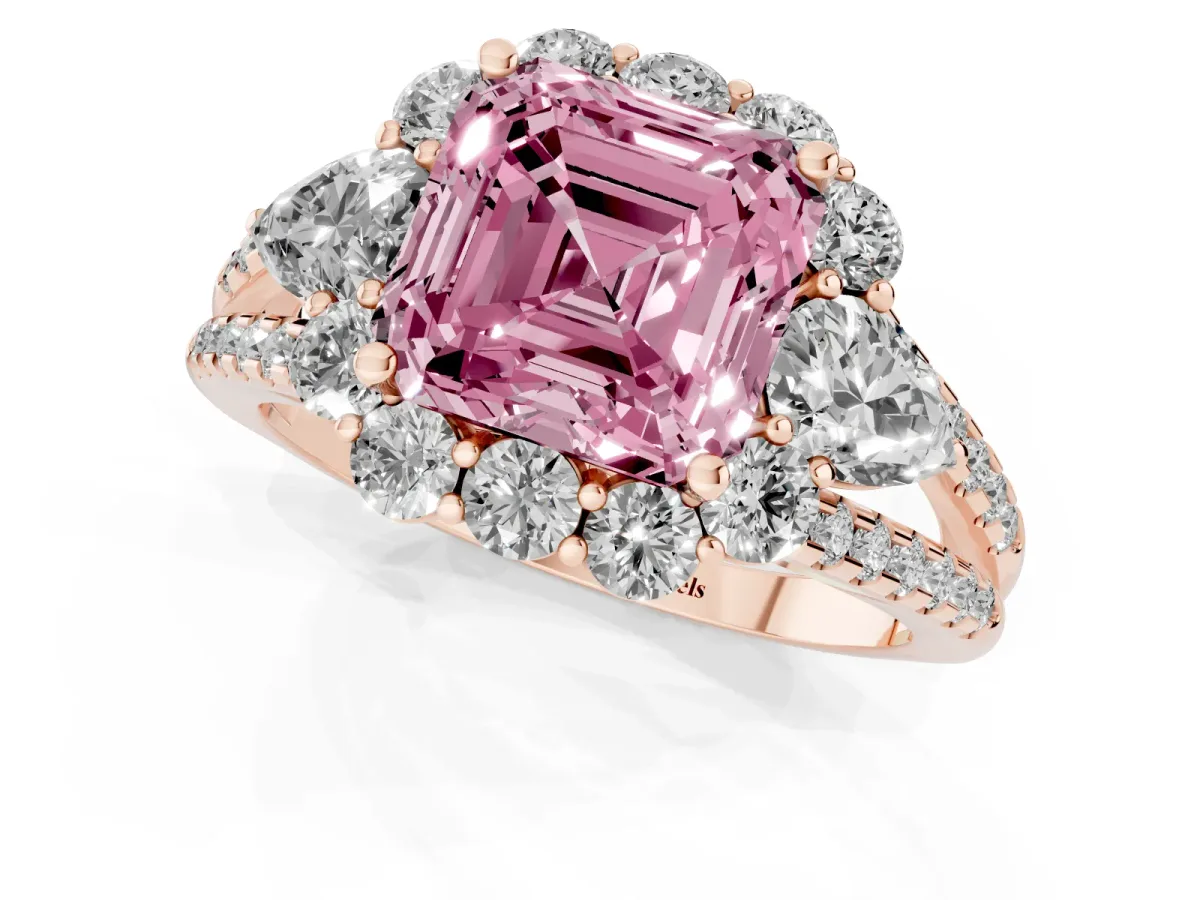 Fancy Pink Asscher Cut Halo Split Shank Diamond Engagement Ring with Prong Setting Rose gold