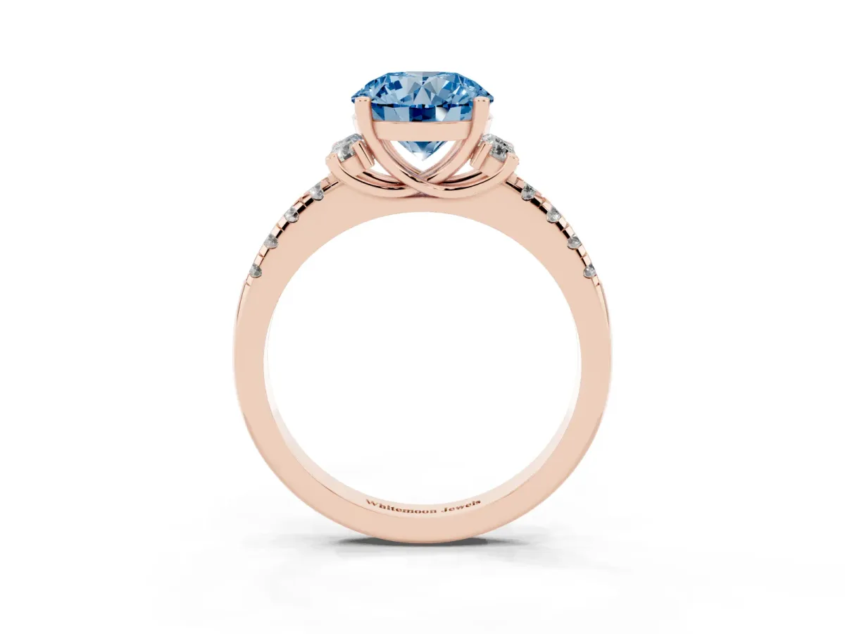 Fancy Blue Round Cut Diamond Three-Stone Pave Band with Four-Prong Setting Rose gold