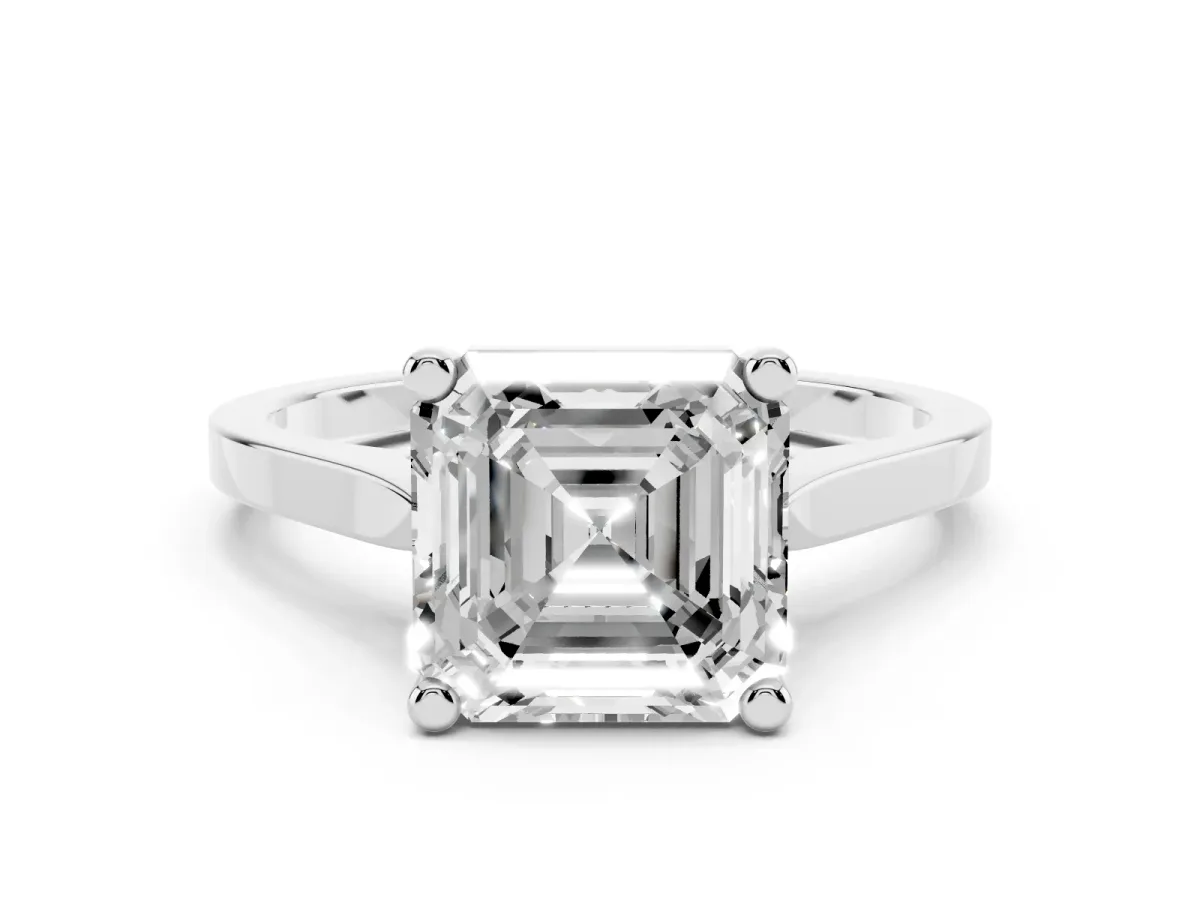 Asscher Cut Solitaire Diamond Ring with Four-Prong Setting and Tapered Band White gold