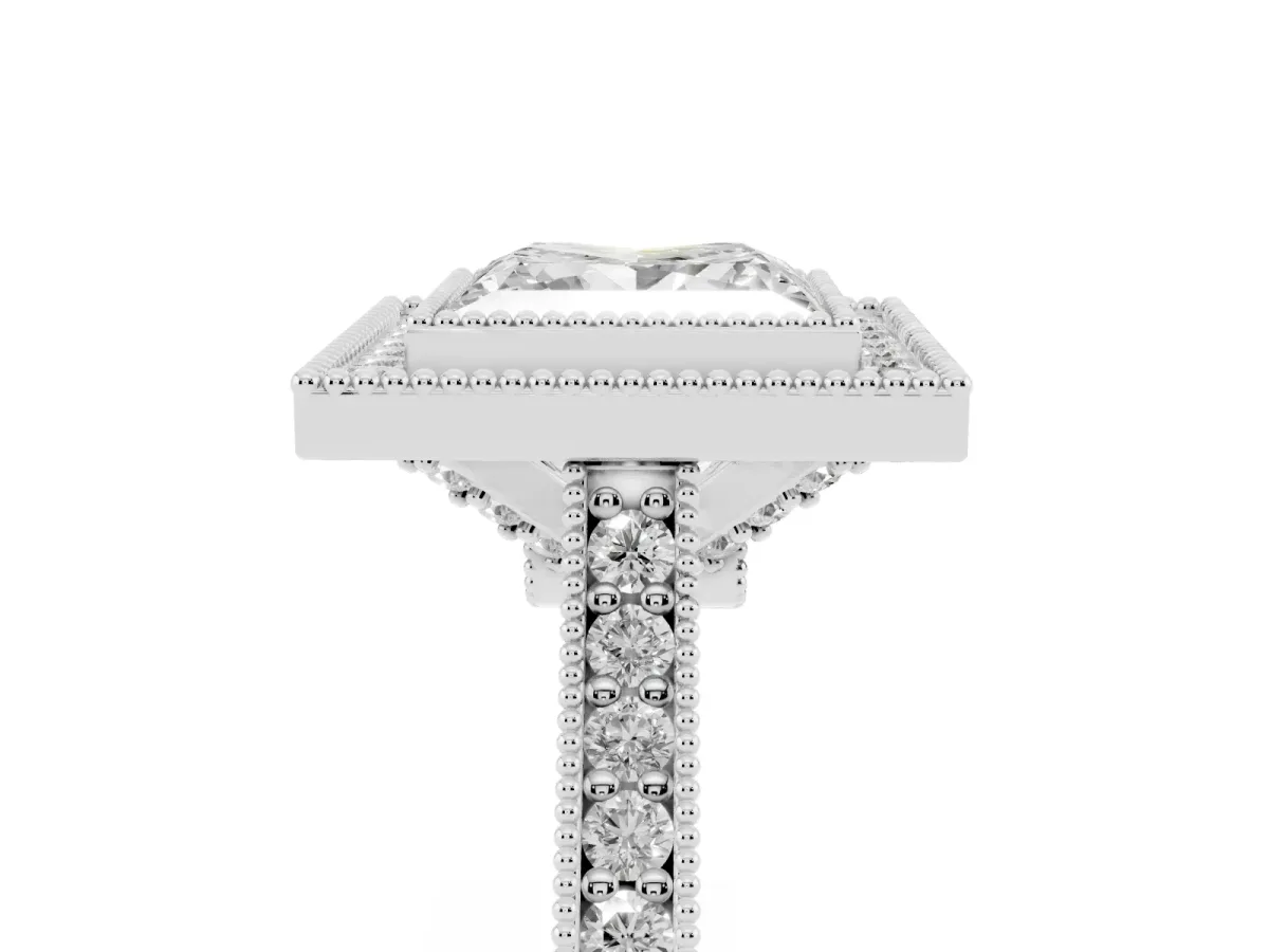 Halo Princess Cut-Cut Diamond Pave Band Milgrain Prong Setting Ring Silver