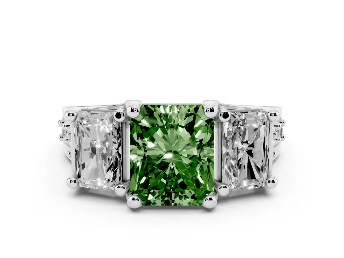 Fancy Green Radiant Cut Diamond Three-Stone Ring with Channel Set Band and Four-Prong Setting Silver