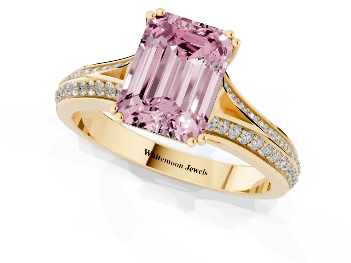 Fancy Pink Emerald Cut Diamond Split Shank Engagement Ring with Pavé Band Yellow gold