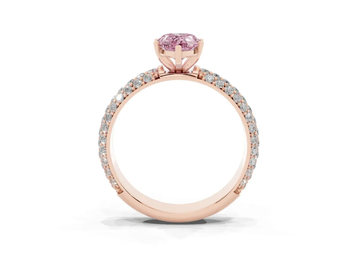 Fancy Pink Pear Cut Diamond Solitaire Ring with Prong Setting and Pavé Band Rose gold