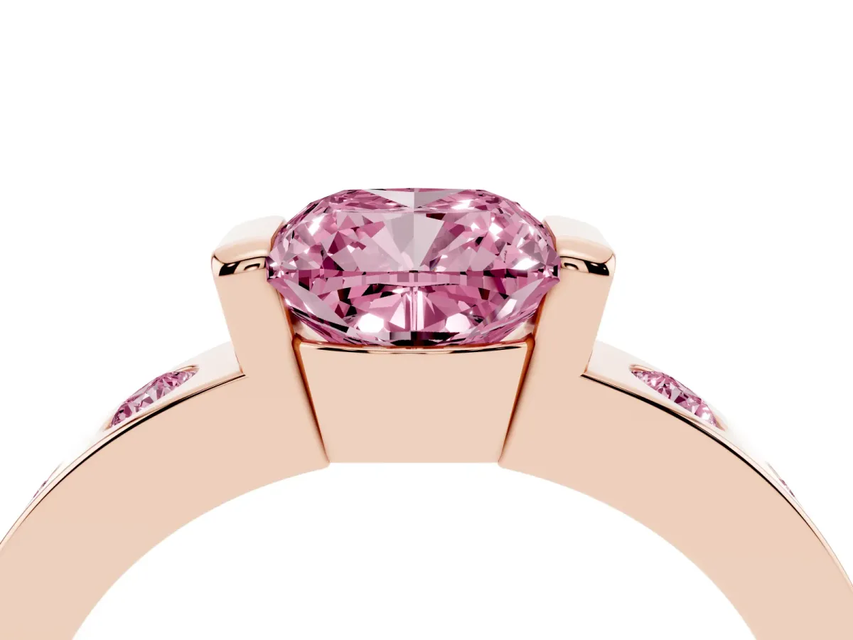 Fancy Pink Cushion Cut Brilliant Channel-Set Diamond Ring with Bezel Prong Setting Rose gold
