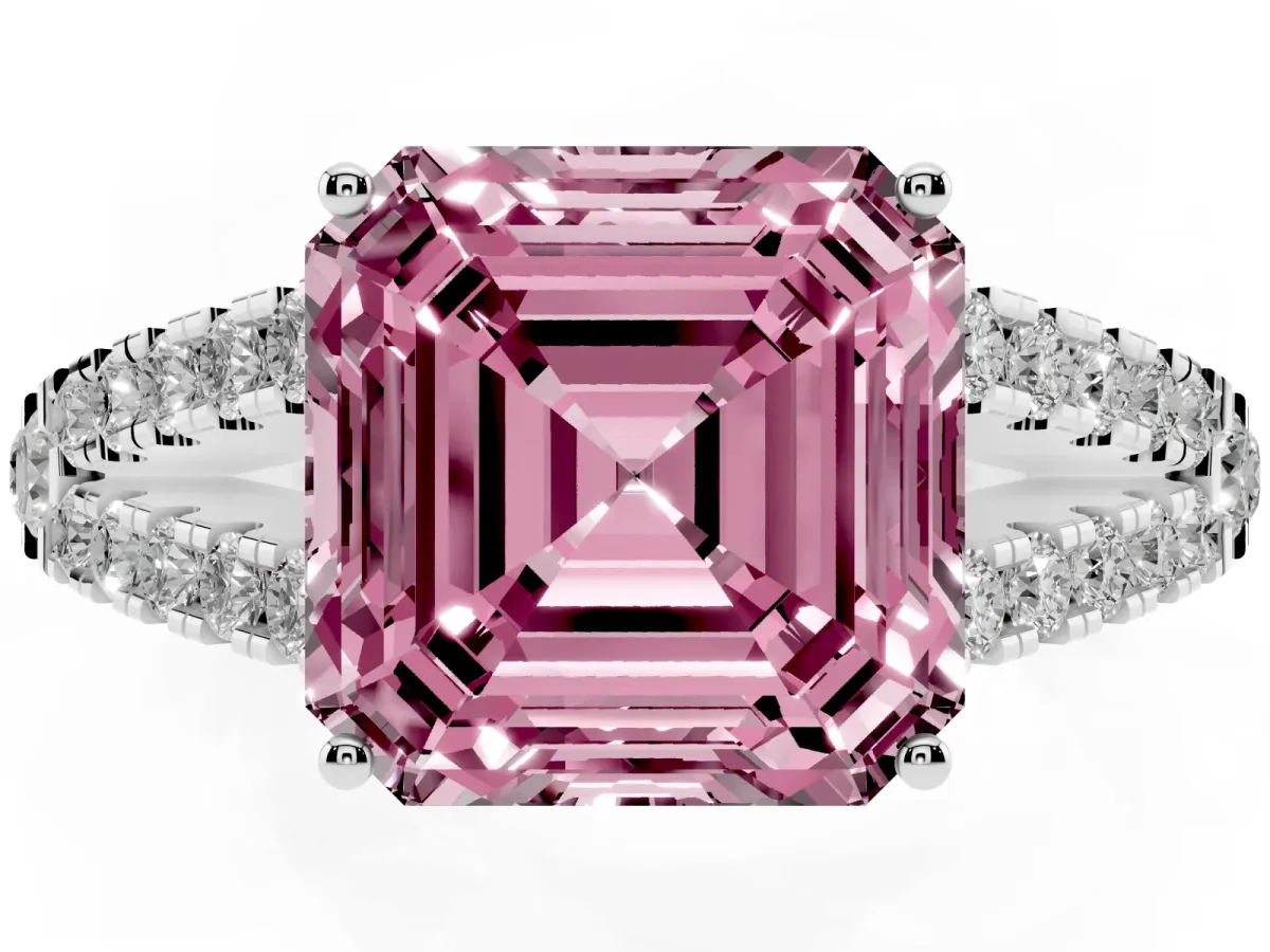 Fancy Pink Asscher Cut Diamond Split Shank Engagement Ring with Round Pavé and Prong Setting Silver