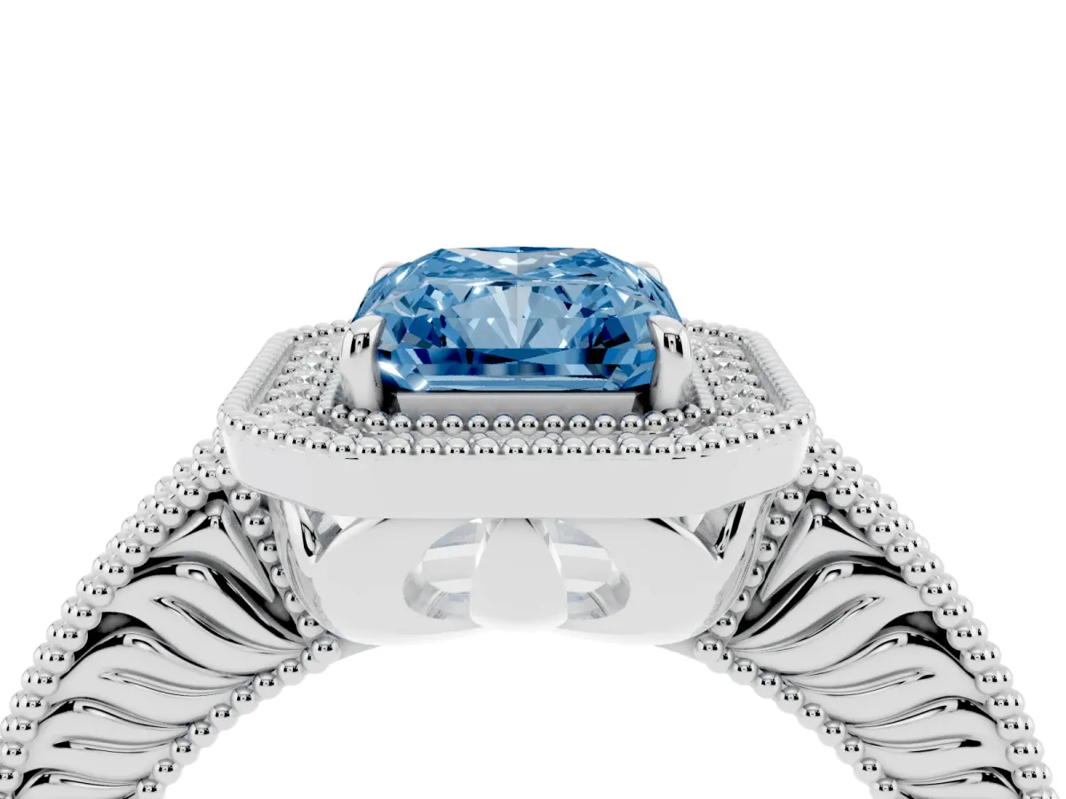 Fancy Blue Radiant Cut Cut Halo Diamond Ring with Pavé Band and Four-Prong Setting Platinum