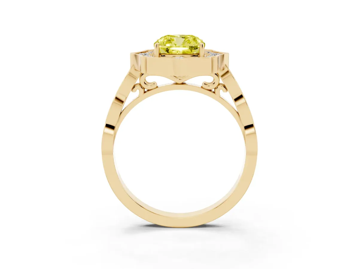 Fancy Yellow Cushion Cut Halo Diamond Engagement Ring with Milgrain Band and Four-Prong Setting Yellow gold