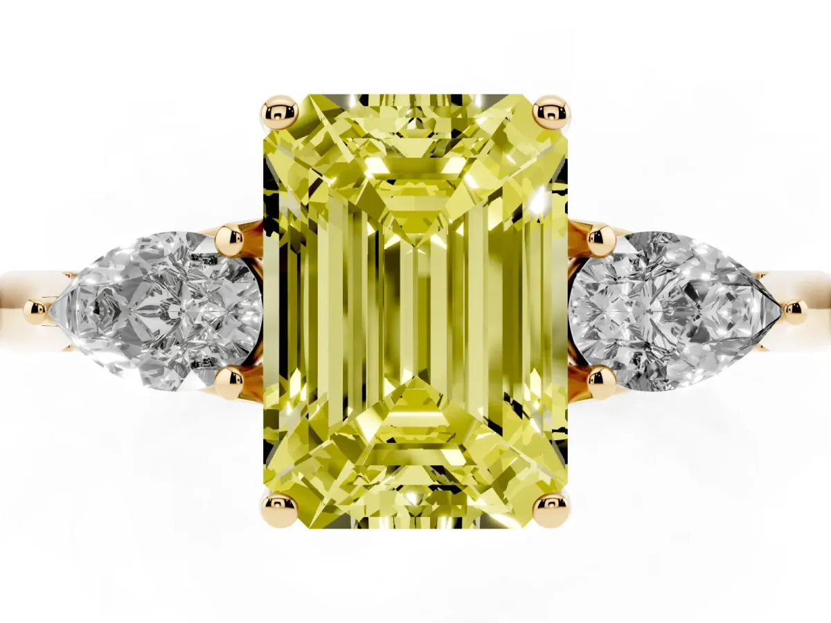 Fancy Yellow Three-Stone Emerald Cut Brilliant Diamond Solitaire Ring with Tapered Band and Four-Prong Setting Yellow gold