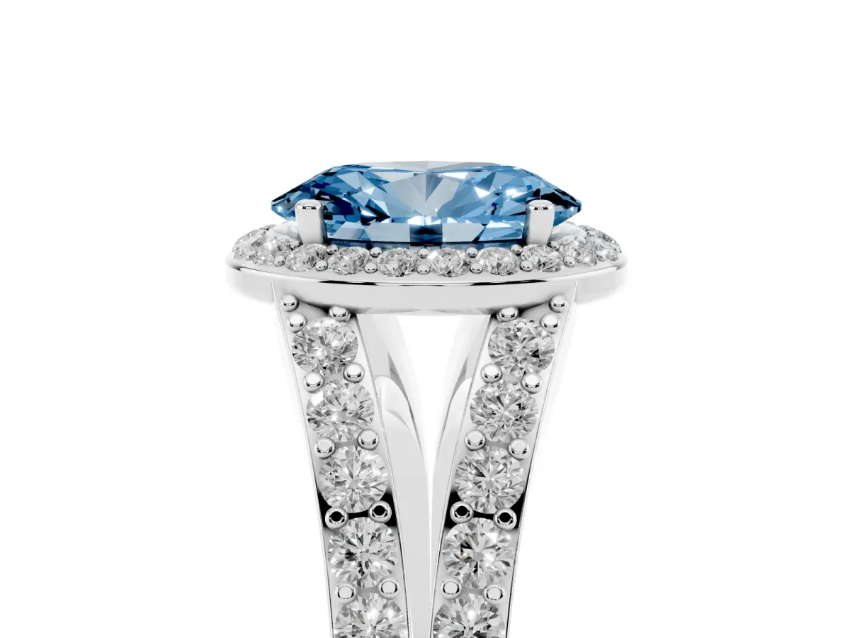 Fancy Blue Oval Cut Diamond Split Shank Halo Ring with Four-Prong Setting Silver