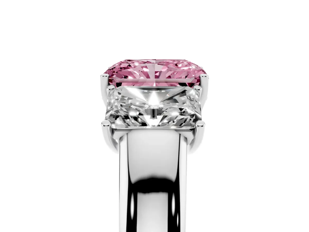 Fancy Pink Three-Stone Radiant Cut Cut Diamond Ring with Prong Setting and Classic Band Silver