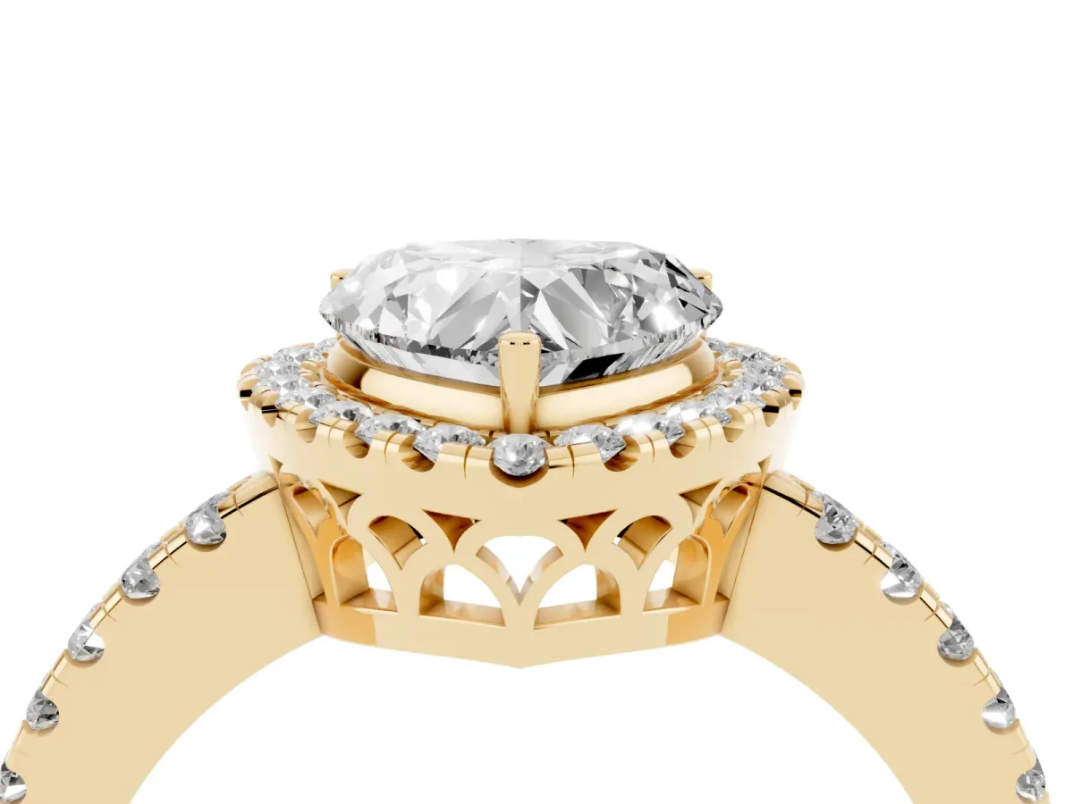Heart Cut Halo Diamond Engagement Ring with Pavé Band and Four-Prong Setting Yellow gold
