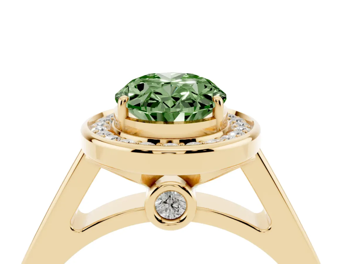 Fancy Green Oval Cut Halo Solitaire Diamond Ring with Pave Band and Bezel Setting Yellow gold