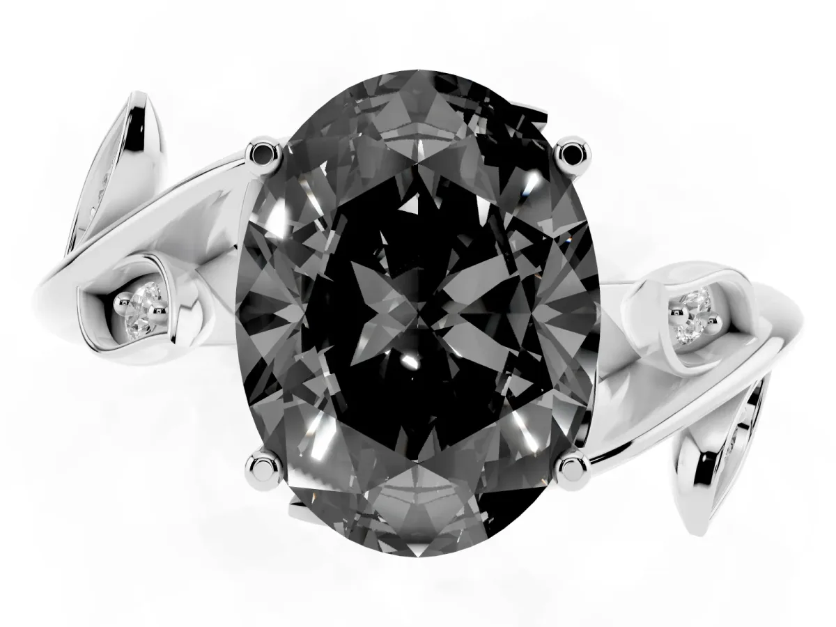 Fancy Black Oval Cut Solitaire Twist Engagement Ring with Leaf Accents and Prong Setting Silver