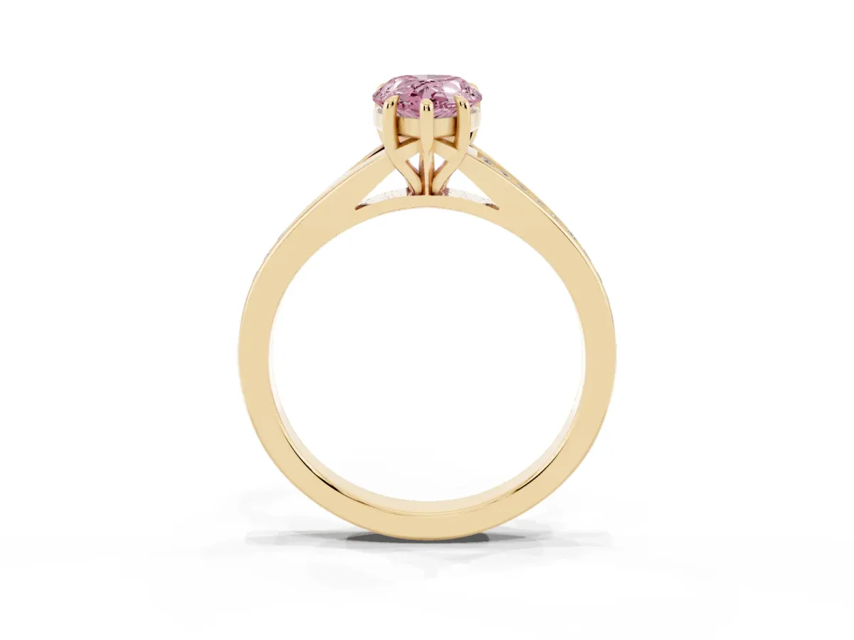 Fancy Pink Pear Cut Diamond Solitaire Ring with Pavé Band and Prong Setting Yellow gold