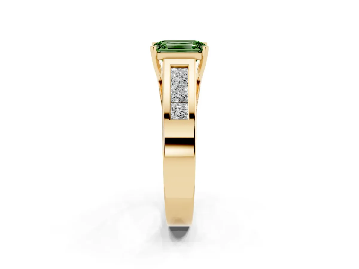Fancy Green Emerald Cut Cut Channel Set Solitaire Ring with Four-Prong Setting Yellow gold