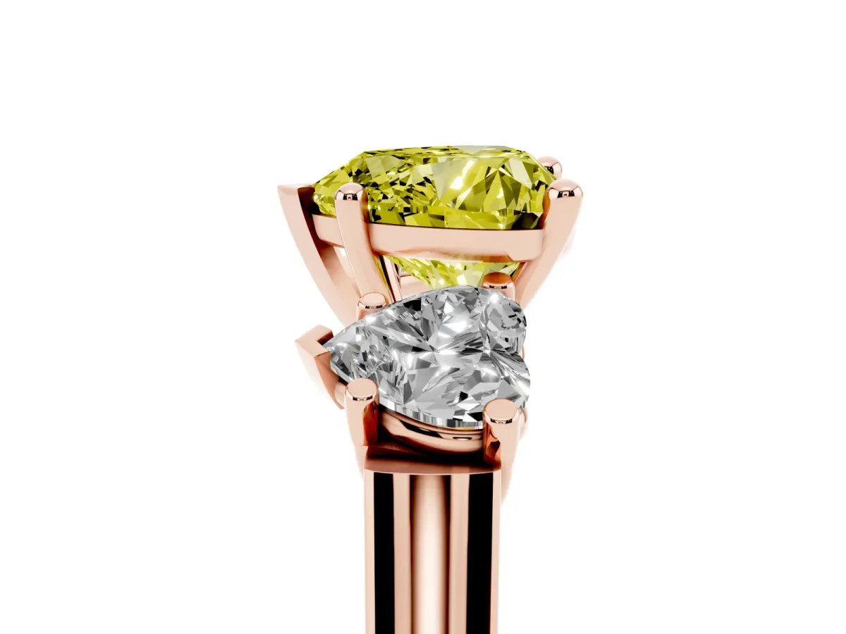 Fancy Yellow Three-Stone Heart Cut Brilliant Diamond Trellis Ring with Comfort Fit Band Rose gold