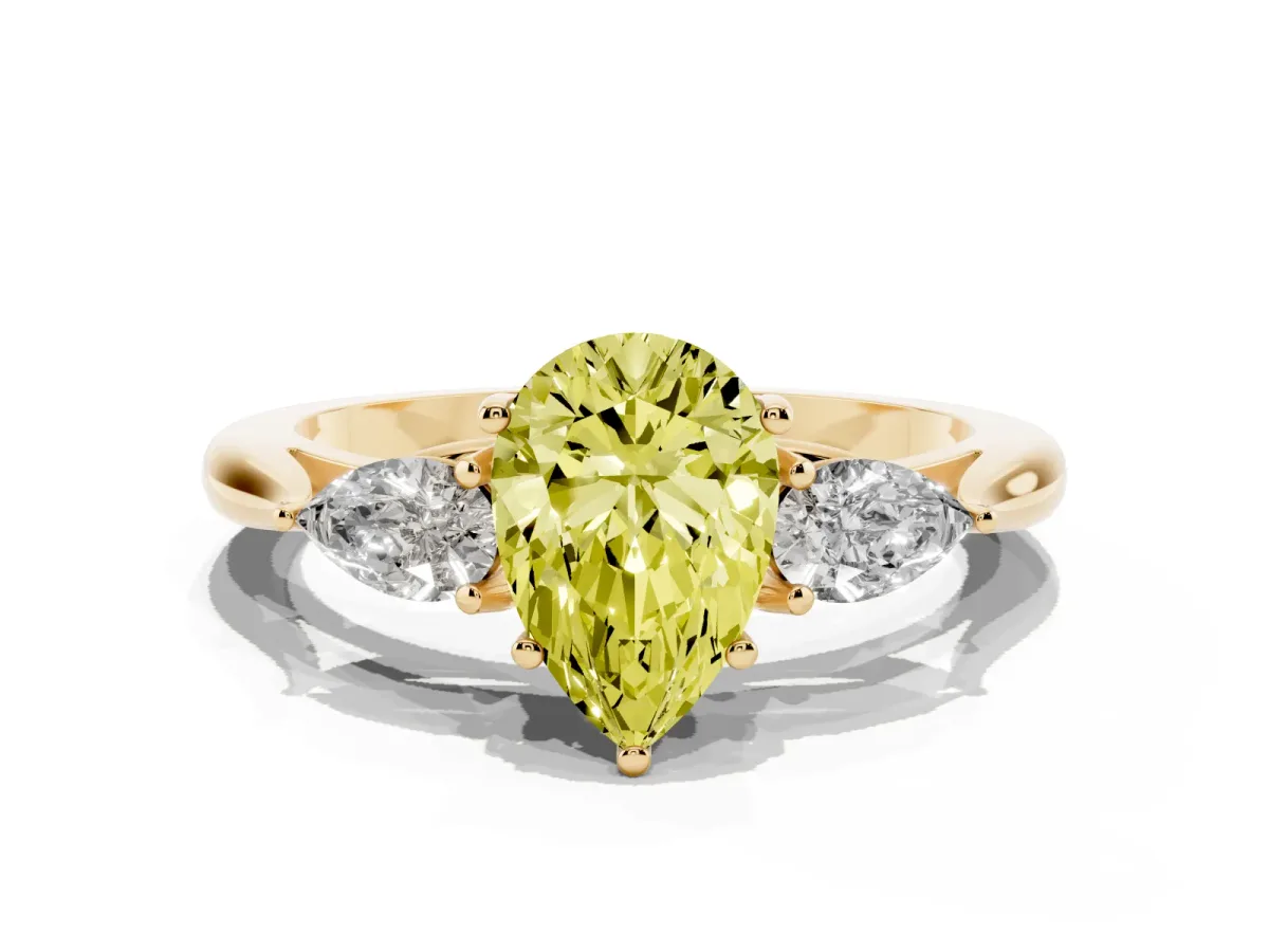 Fancy Yellow Three-Stone Pear Cut Diamond Ring with Pear Side Stones in Four-Prong Setting Yellow gold