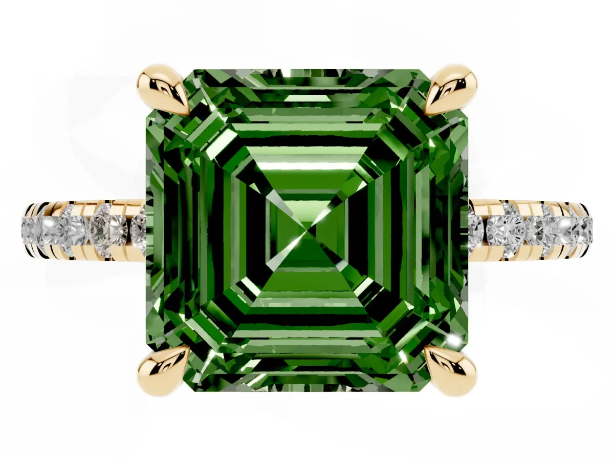 Fancy Green Asscher Cut Diamond Brilliant Solitaire Ring with Pavé Band and Four-Prong Setting Yellow gold