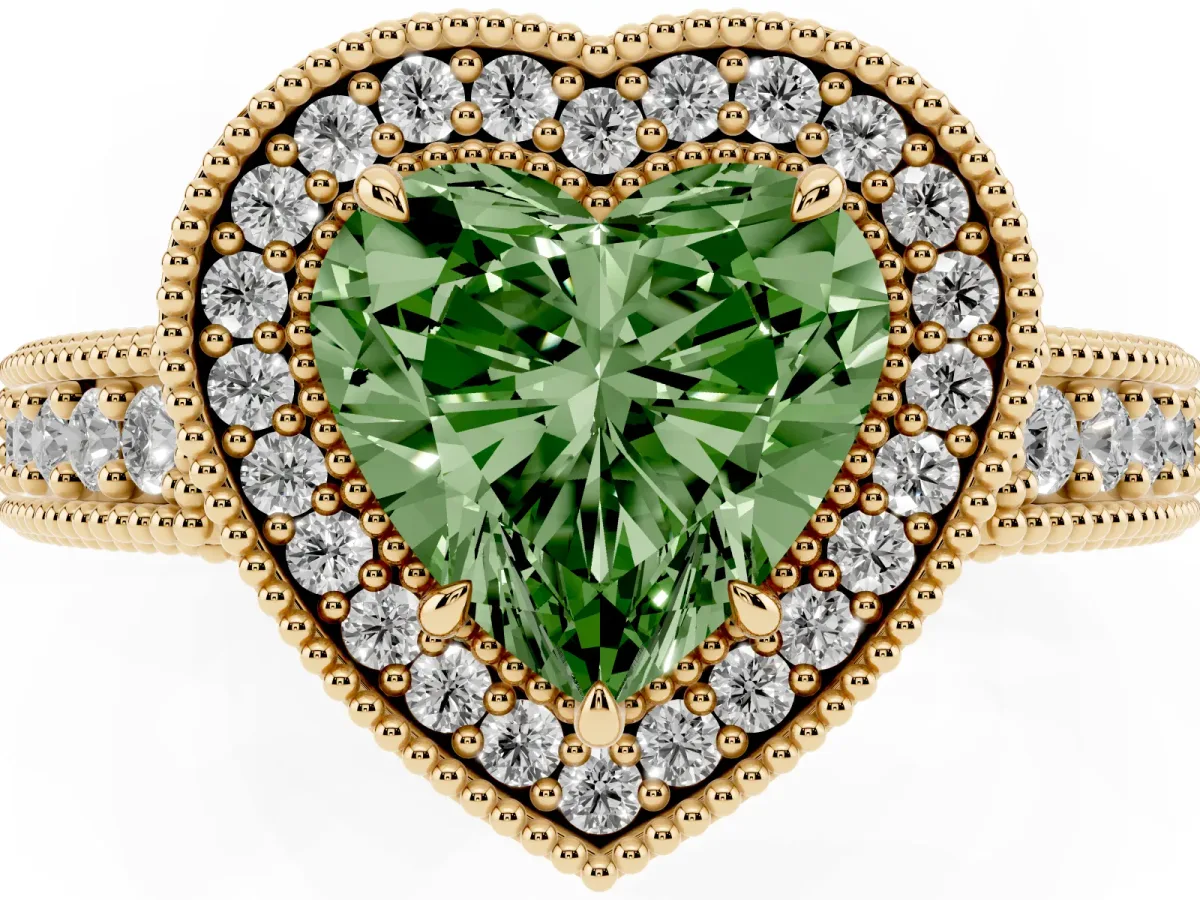 Fancy Green Heart Cut Cut Halo Diamond Ring with Pavé Band and Four-Prong Setting Yellow gold