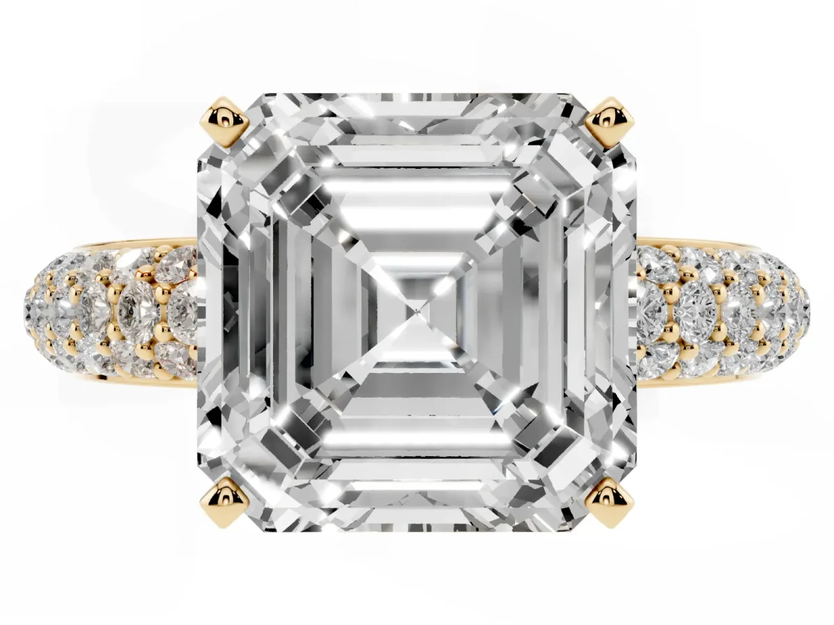 Asscher Cut Diamond Solitaire Ring with Prong Setting and Pavé Band Yellow gold
