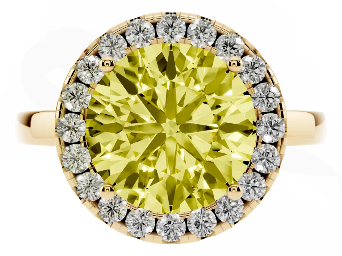 Fancy Yellow Round Cut Halo Diamond Solitaire with Pavé Band and Four-Prong Setting Yellow gold