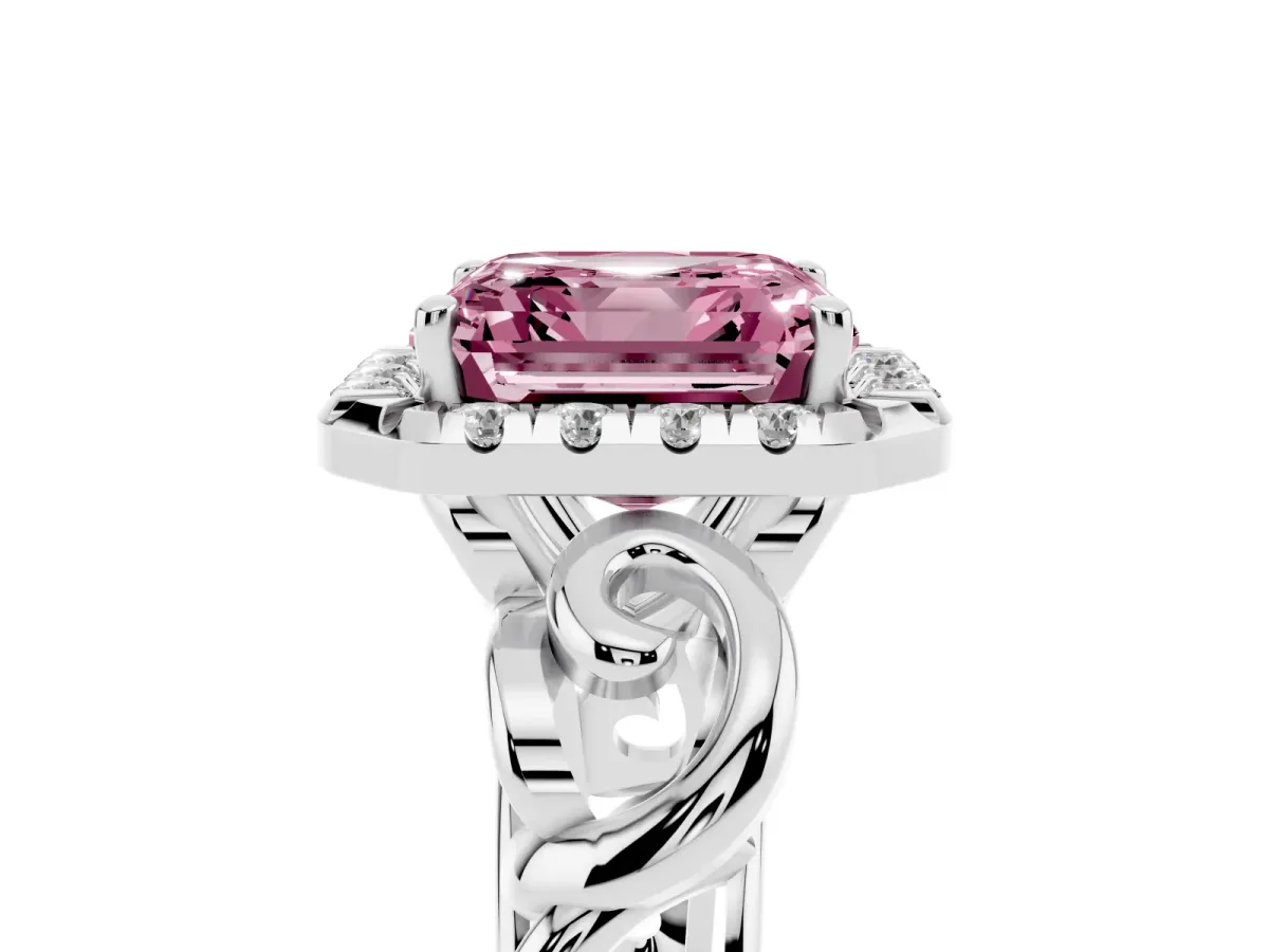 Fancy Pink Asscher Cut Cut Halo Diamond Ring with Scrollwork Band and Four-Prong Setting Silver