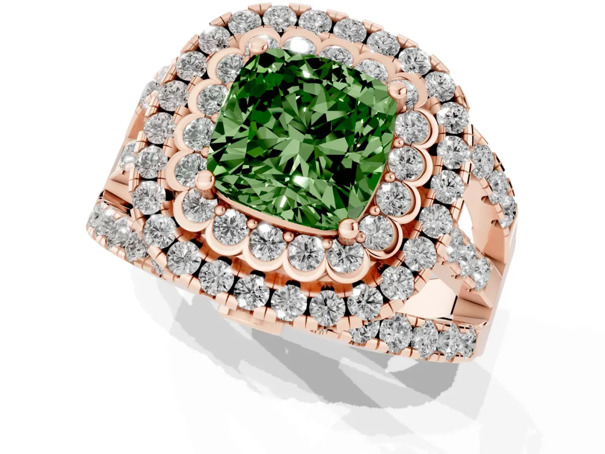 Fancy Green Cushion Cut Diamond Double Halo Ring with Round Pavé Split Shank and Prong Setting Rose gold