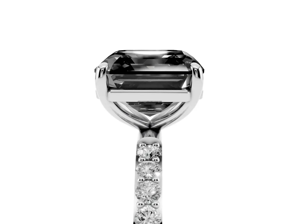 Fancy Black Asscher Cut Diamond Solitaire Ring with Round Pavé Band and Prong Setting Silver