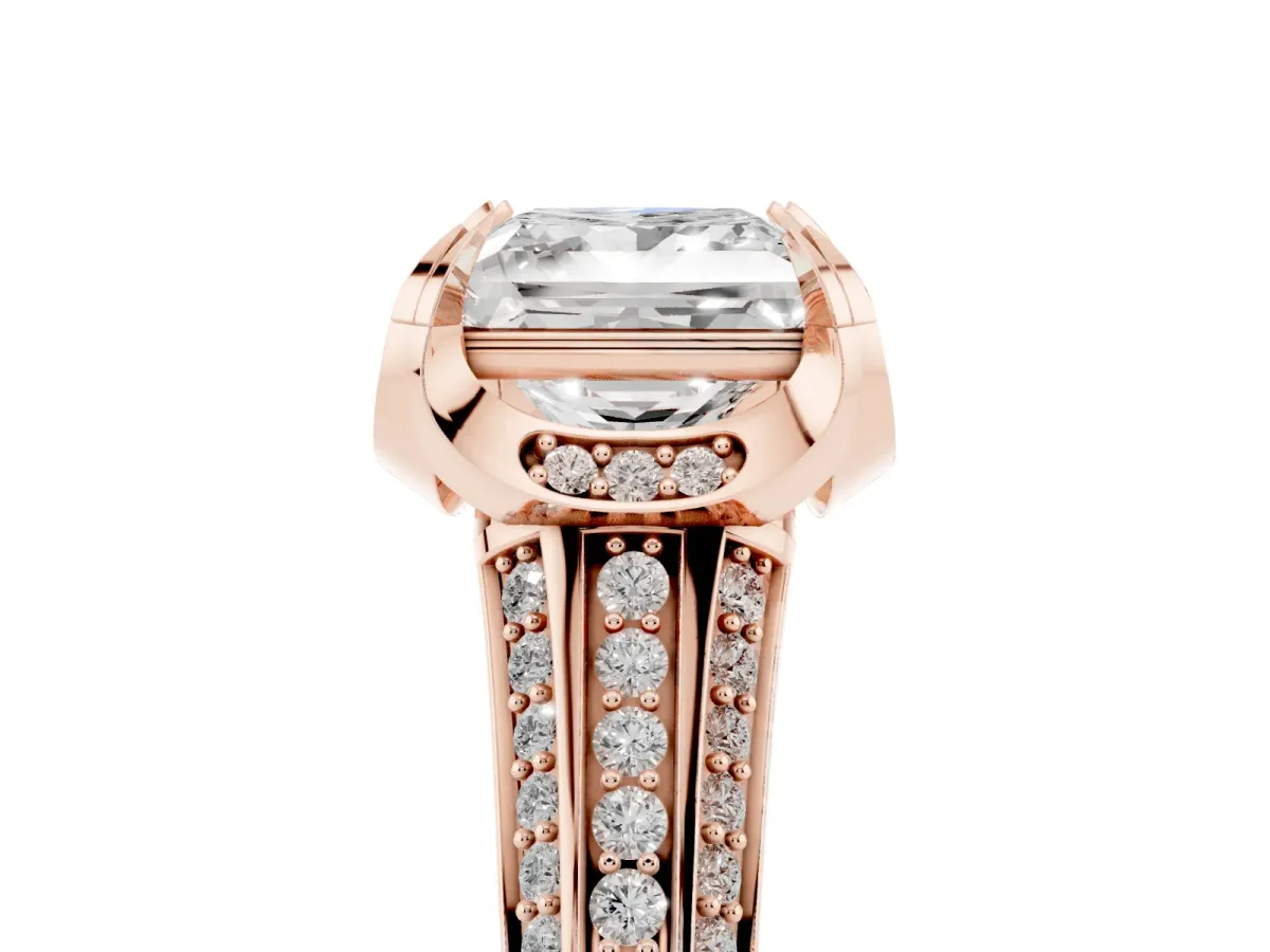Princess Cut Solitaire Pave Split Shank Ring with Four-Prong Setting Rose gold