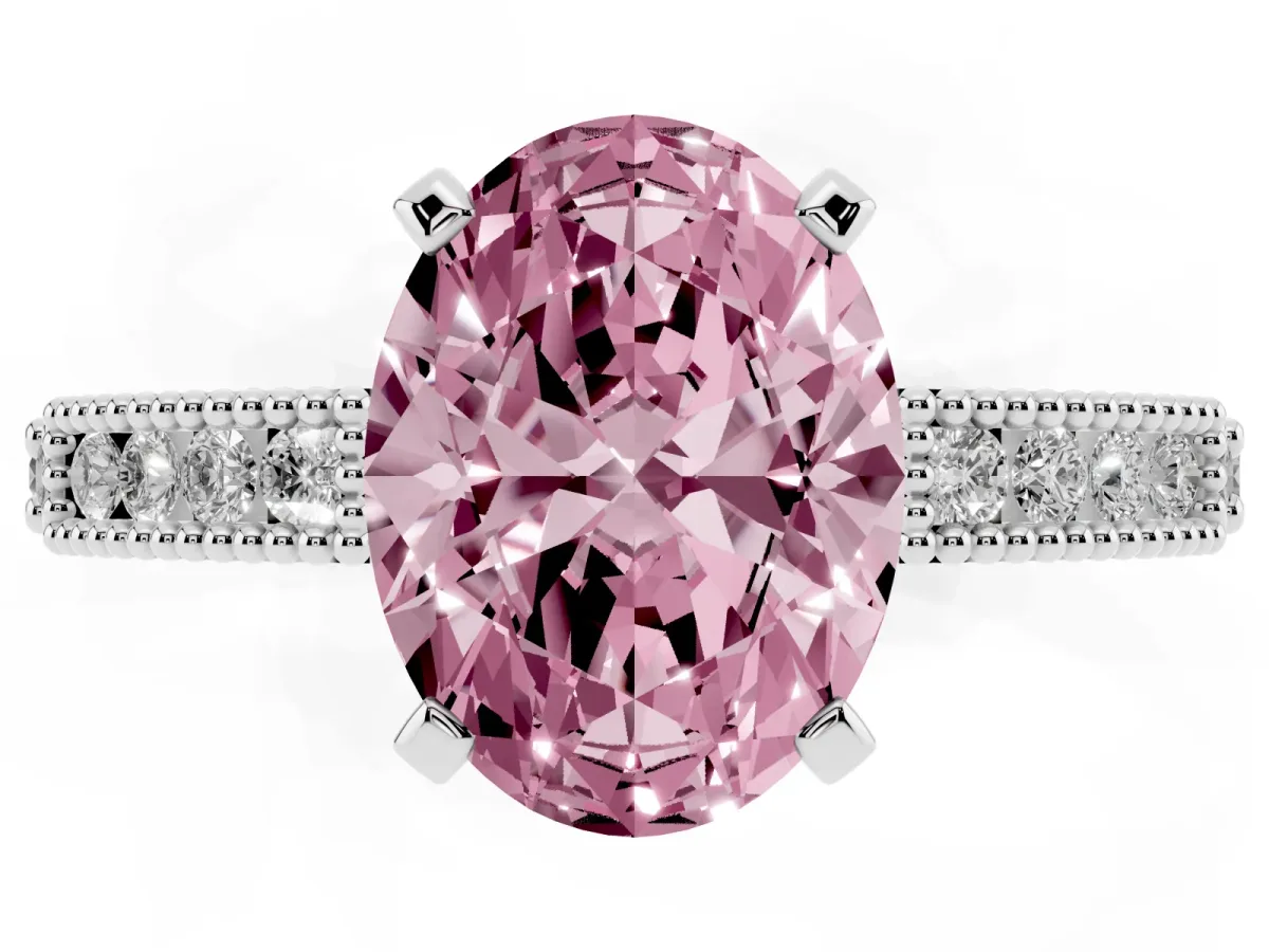 Fancy Pink Oval Cut Solitaire with Pavé Band and Four-Prong Setting Silver