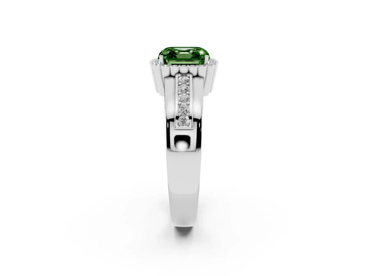 Fancy Green Asscher Cut Cut Halo Pave Band Four-Prong Ring Platinum