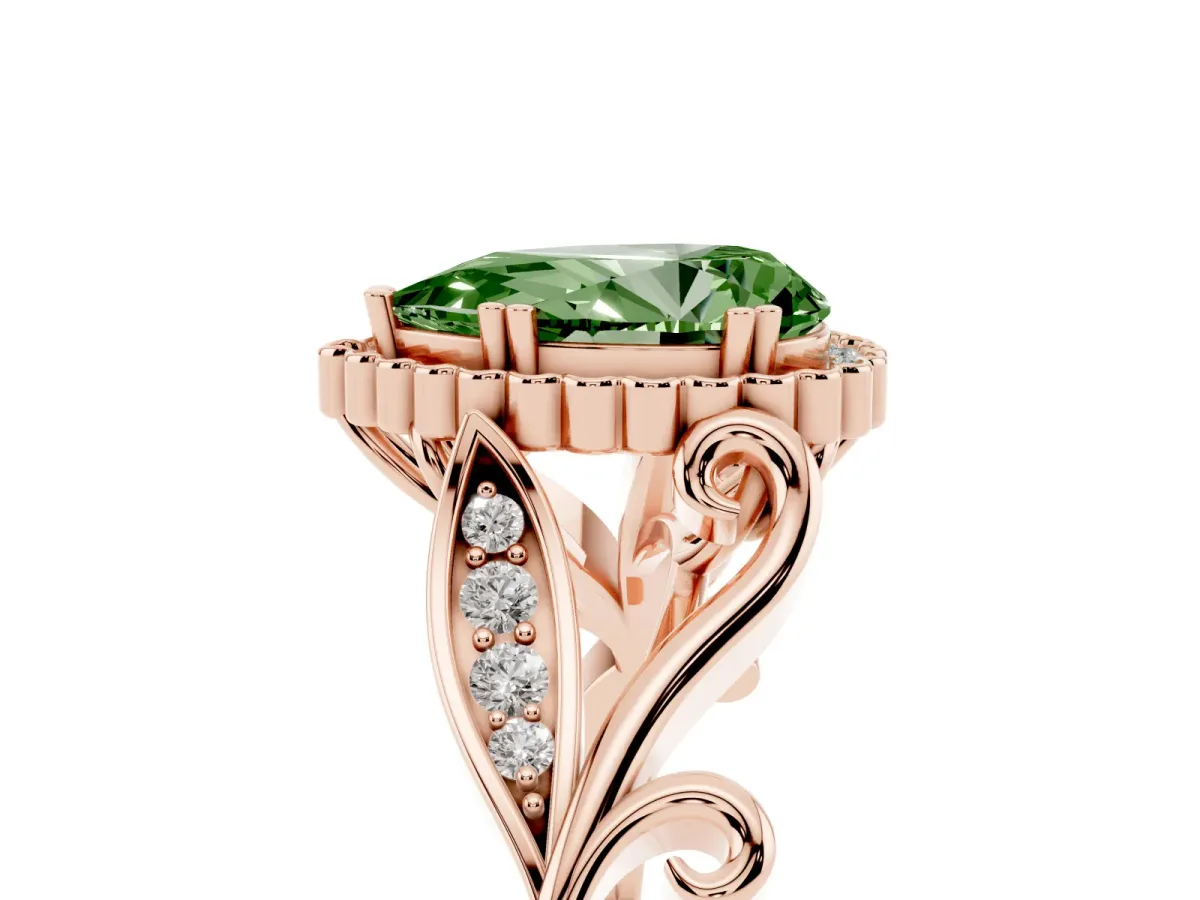 Fancy Green Pear Cut Diamond Halo Ring with Vintage Split Shank and Four-Prong Setting Rose gold