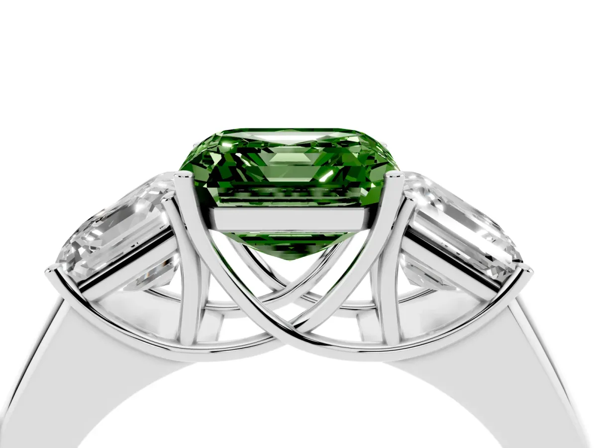 Fancy Green Three-Stone Asscher Cut Cut Diamond Ring with Prong Setting and Classic Band Silver