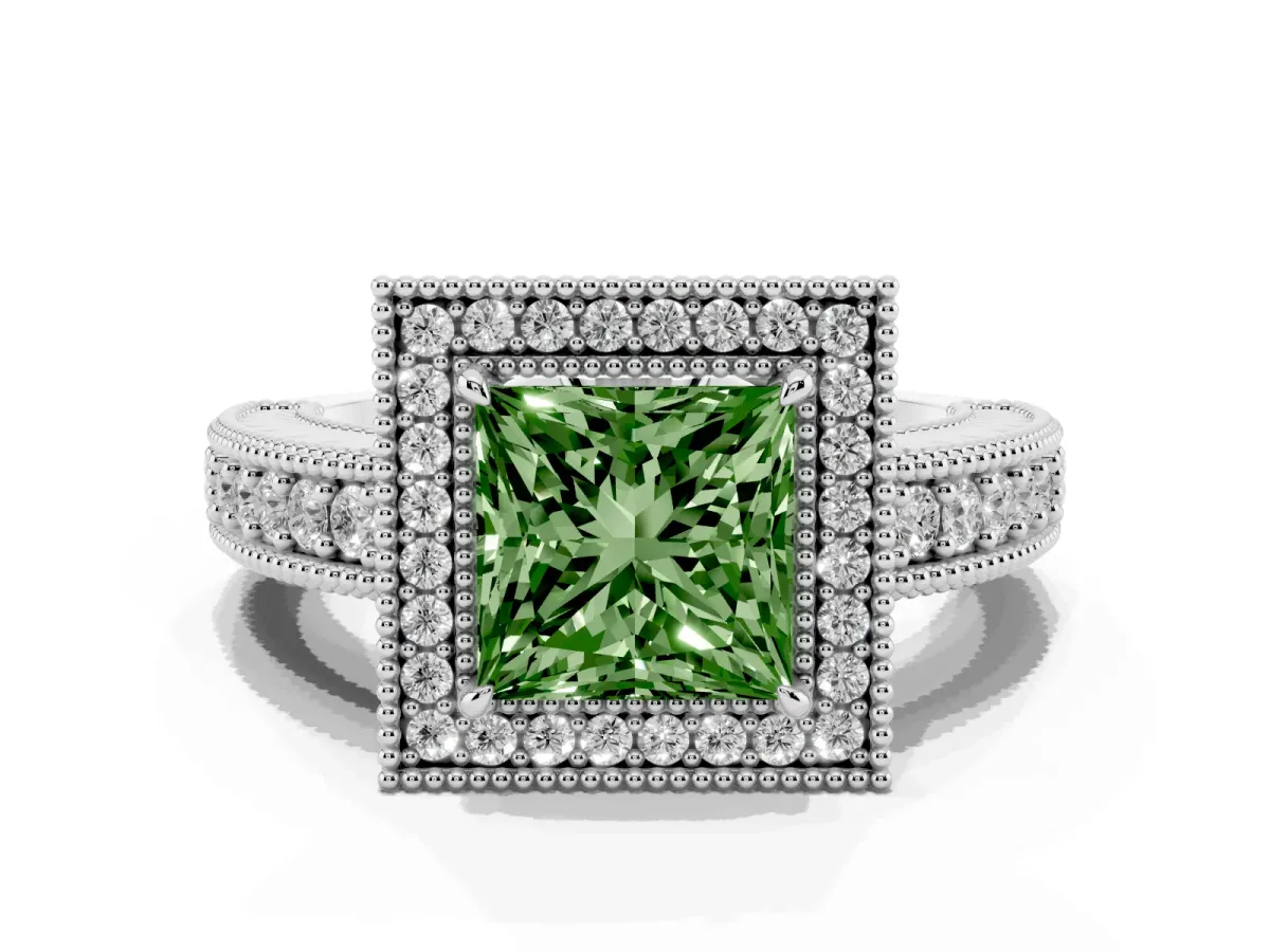 Fancy Green Princess Cut Cut Halo Diamond Ring with Pavé Band and Four-Prong Setting Silver