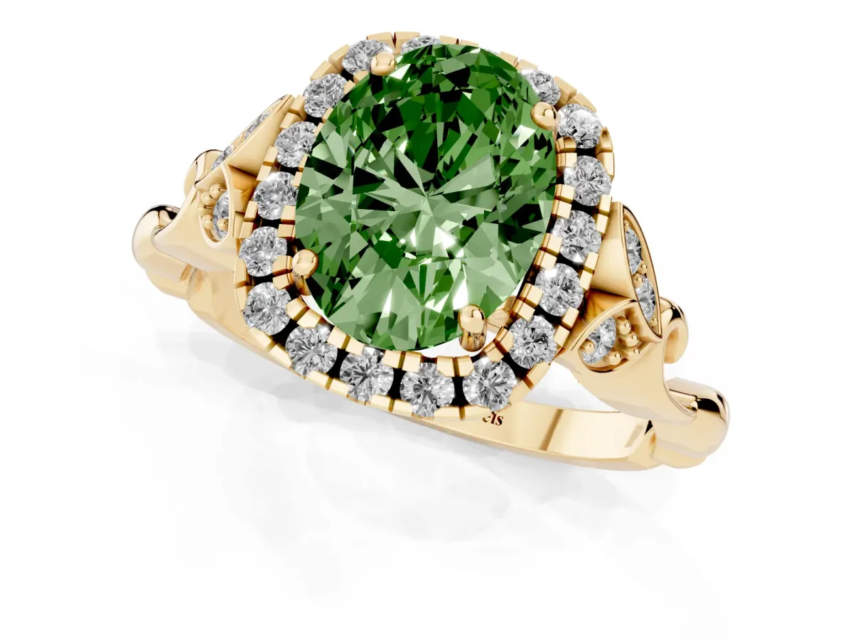 Fancy Green Oval Cut Halo Diamond Engagement Ring with Vintage-Inspired Band and Four-Prong Setting Yellow gold