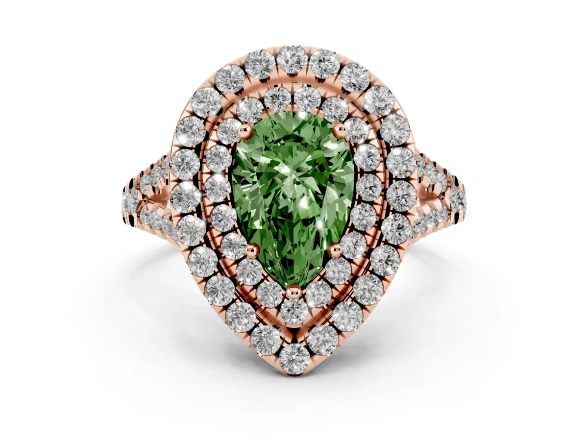 Fancy Green Double Halo Pear Cut Diamond Pavé Split Shank Ring with Prong Setting Rose gold