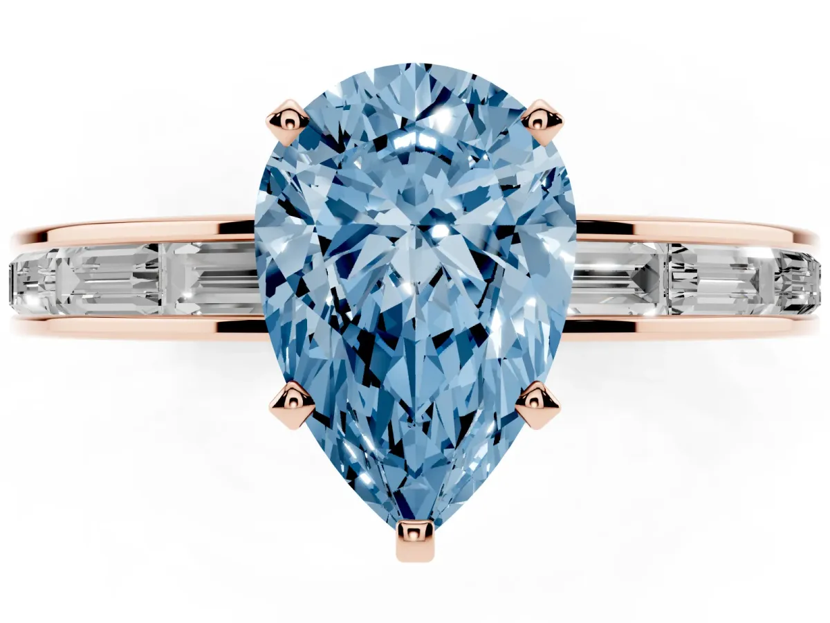 Fancy Blue Pear Cut Solitaire Diamond Ring with Channel-Set Baguette Band and Four-Prong Setting Rose gold